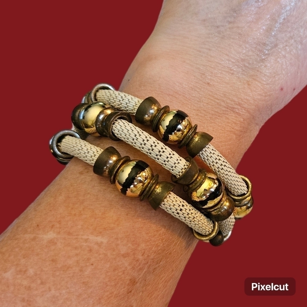 VTG Punk Metal Mesh Antique Brass Castlecore Beaded Wrap Bracelet